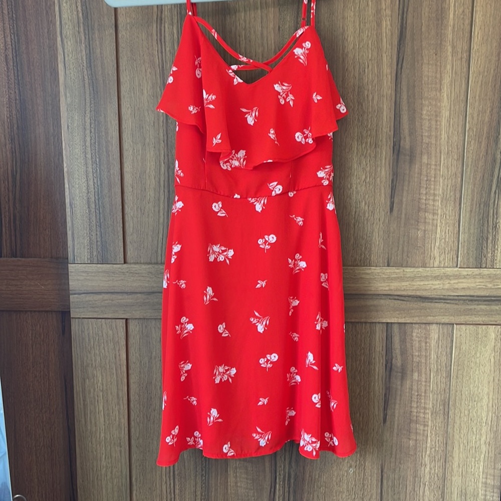 Short red dress with cross front. Juniors large summer womens sundress